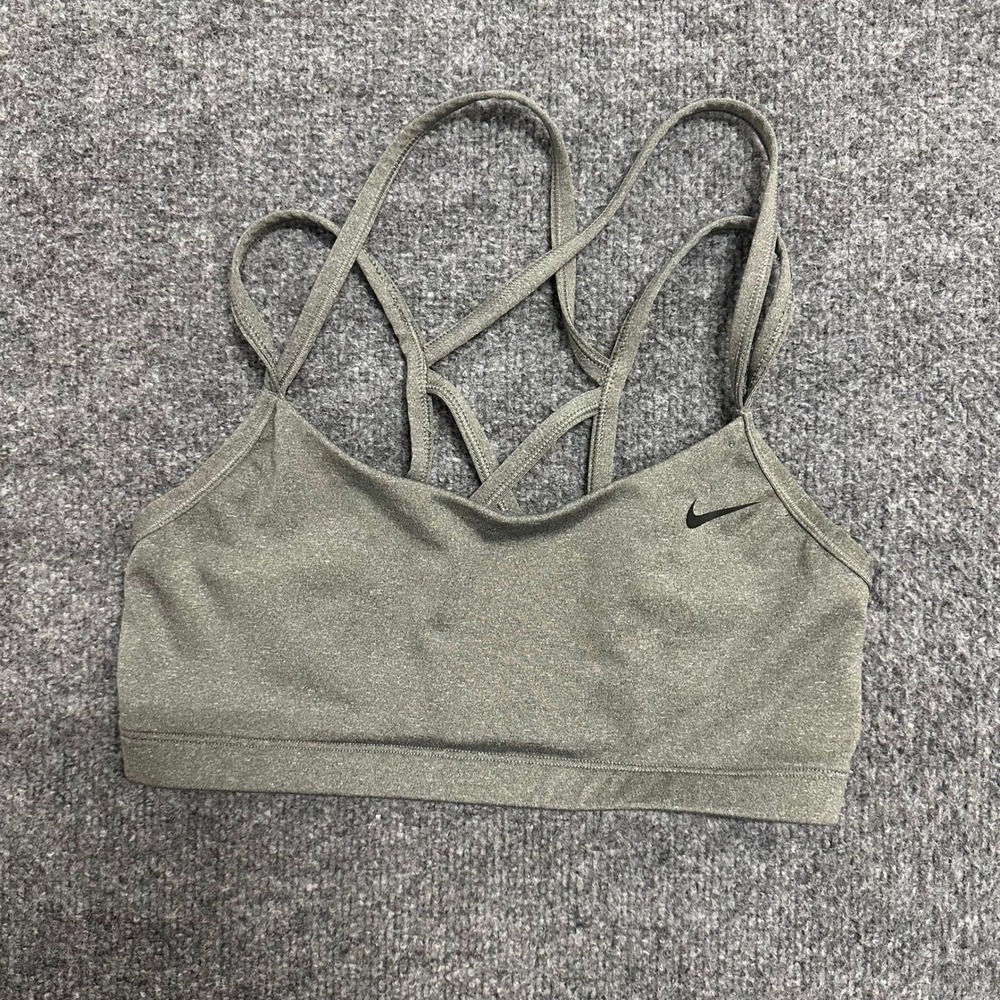Nike Sports Bra Womens Size M Olive Green Dri-Fit Strappy Crisscross Back Sport